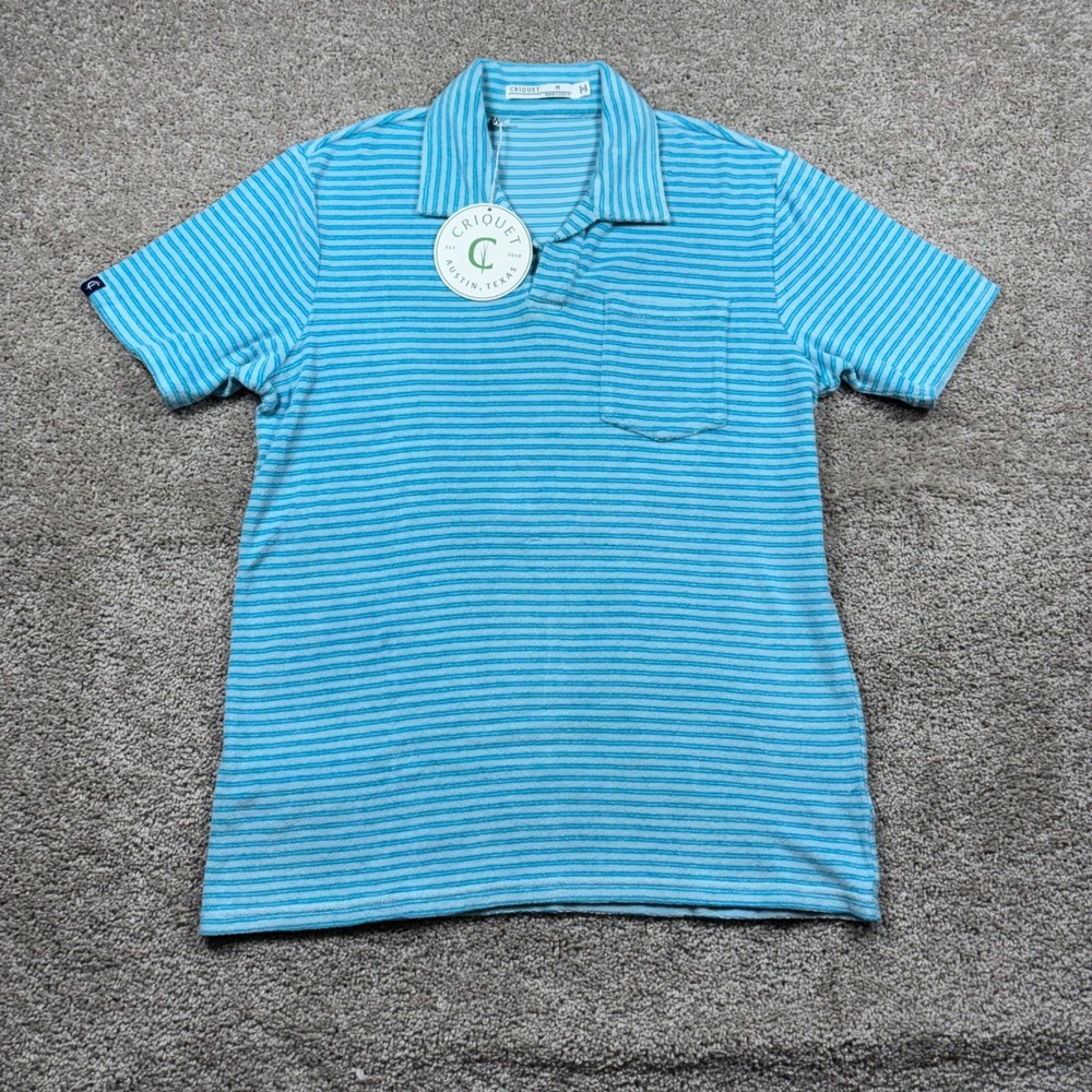 Criquet Mens Terry Cloth Polo Shirt Blue Striped Short Sleeve Size M NewNWT